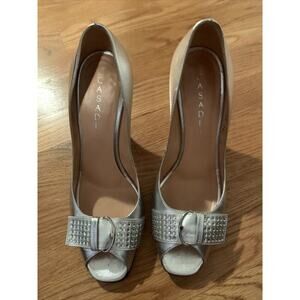 CASADEI Metallic Silver Rhinestone Peep-Toe Pump, Made In Italy , Sz 8
